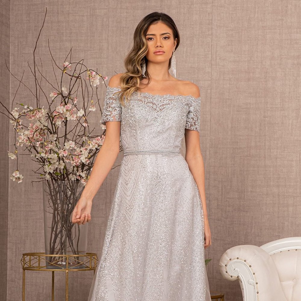 NEW LONG OFF THE SHOULDER EMBROIDERED GLITTER MESH DRESS WITH ZIPPER BACK GL2942